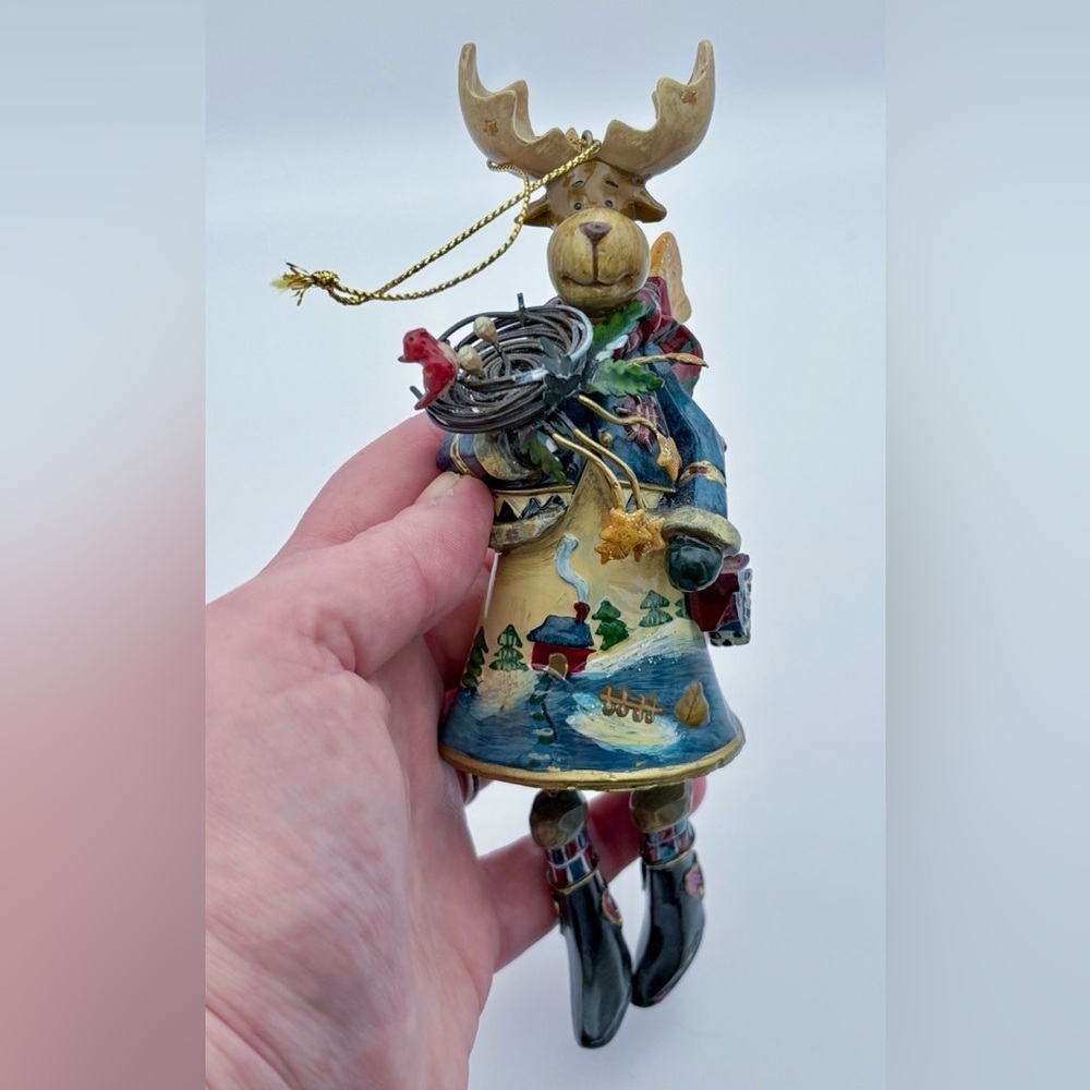Moose Reindeer And Cardinal Resin Ornament Dangling Legs Rustic Folk Art Cottage